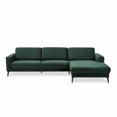City XL chaiselong sofa fra Hjort Knudsen monteret med slidstærkt grøn Mirage møbelstof og sorte metalben