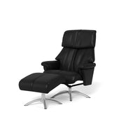 Calibra lænestol inkl. skammel fra BD monteret med sort 8000 semianilin okselæder. Sokkel i stål eller sort.