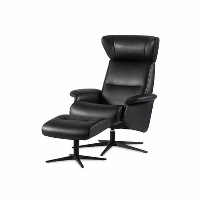 Space 3800 lænestol inkl. fodskammel fra IMG Comfort monteret med sort okselæder og sokkel i enten børstet stål eller sort.