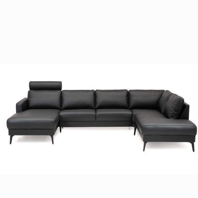 City u-sofa fra Hjort Knudsen monteret med ægte sort læder og sorte stålben