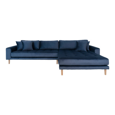 Venedig chaiselong sofa i blå velour møbelstof med ben i naturtræ