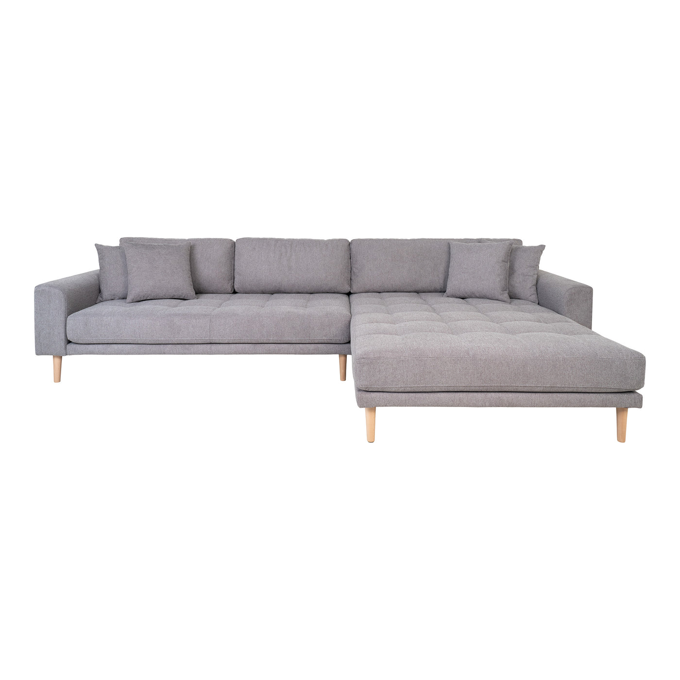 Venedig chaiselong sofa i grå møbelstof med ben i naturtræ