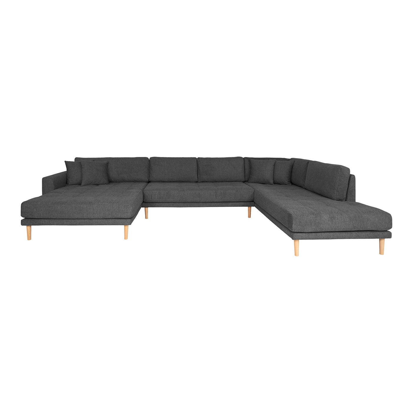 Venedig u-sofa monteret med slidstærkt mørk grå møbelstof og ben i naturtræ