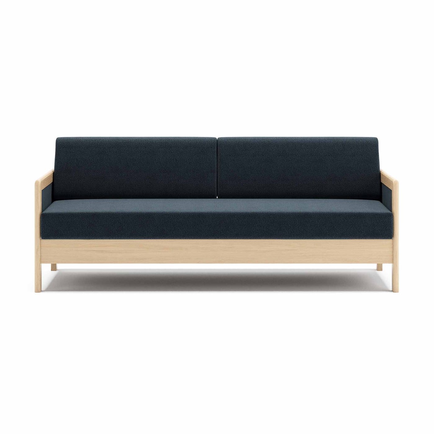 Hestbæk 145 sovesofa fra Hestbæk monteret med Denno blue møbelstof. Stel i bøg sæbe.
