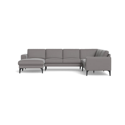 City hjørnesofa m. chaiselong fra Hjort Knudsen monteret med slidstærkt Oakland møbelstof i grå. Sorte eller egetræben.