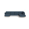 IQ Design u-sofa fra Top-Line monteret med blåt møbelstof og ben i eg naturolie eller hvidolie. Kan bestilles spejlvendt.