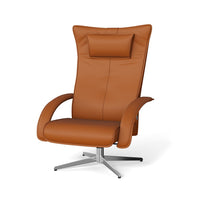 Delta Motion lænestol fra Brunstad monteret med cognacfarvet Classic læder og sokkel i sort eller børstet stål.