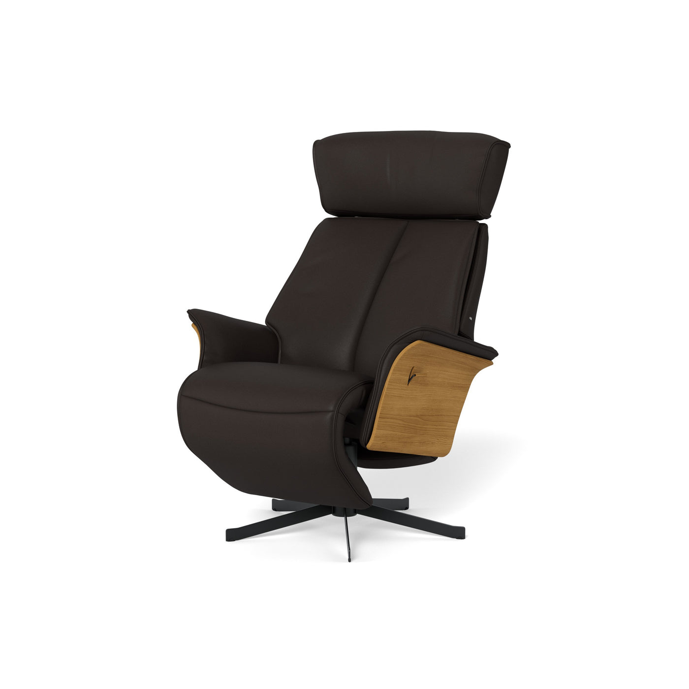 Christal lænestoll m. indbygget fodskammel fra BD Møbler monteret med brun 8000 semianilin okselæder og gavle i naturolieret eg. Sort eller krom metalsokkel.
