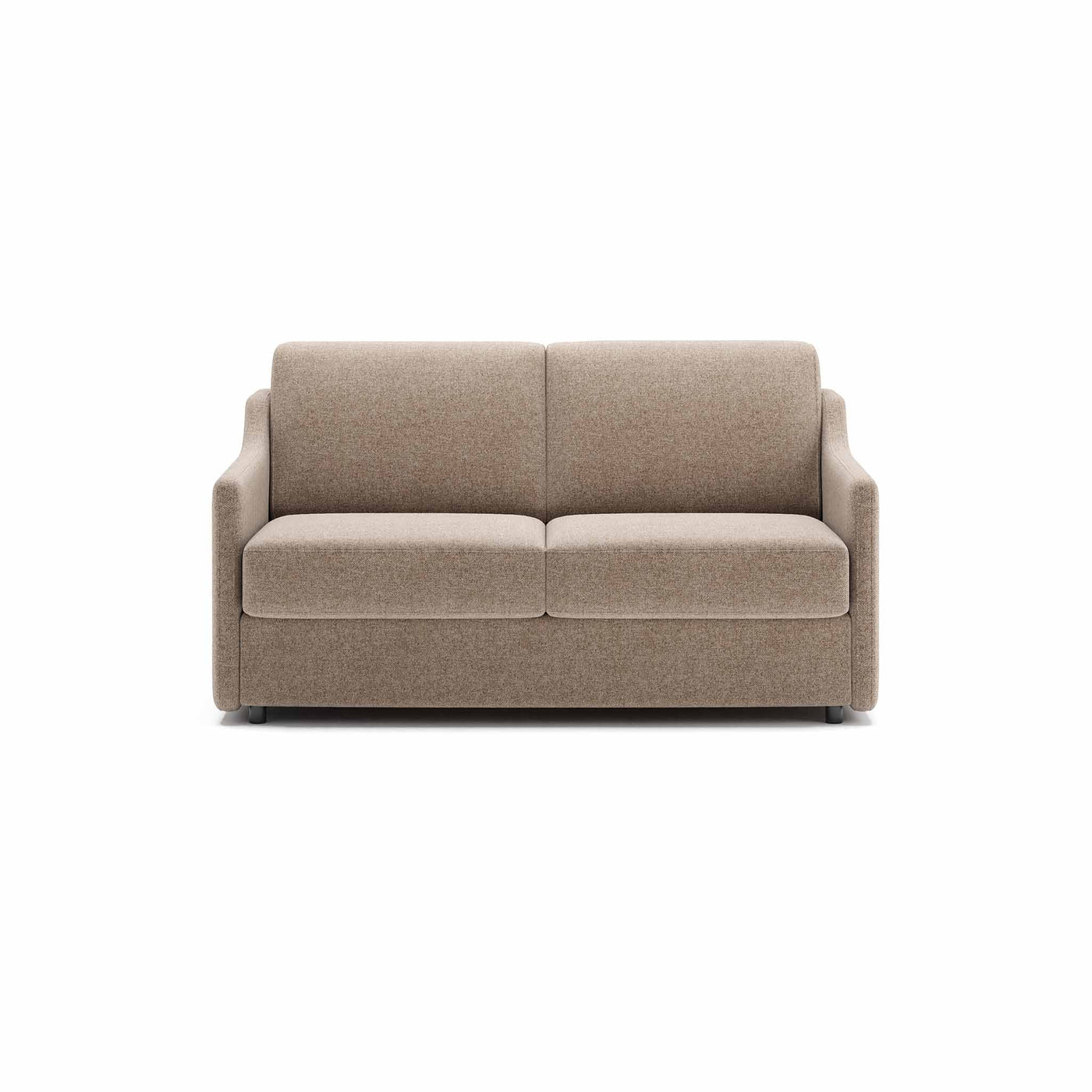 Alma sovesofa fra Hestbæk monteret med slidstærkt beige Sama møbelstof. Sorte ben.