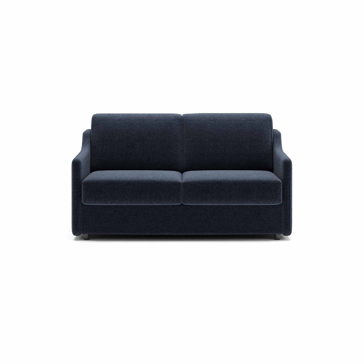 Alma sovesofa fra Hestbæk monteret med slidstærkt blå Sama møbelstof. Sorte ben.