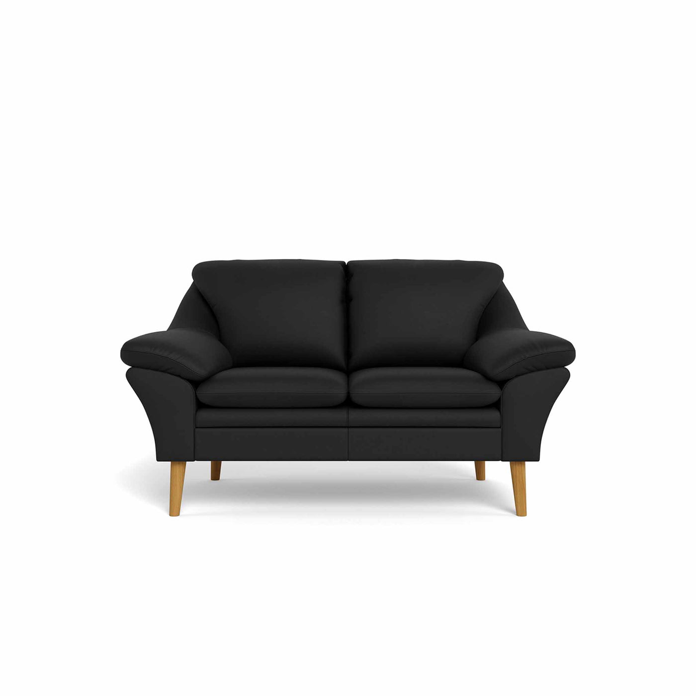 Fly 2-personers sofa fra BD monteret med sort 6000 okselæder. Ben i naturolieret eg.