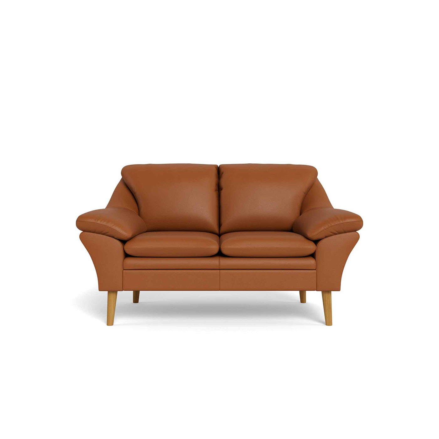 Fly 2-personers sofa fra BD monteret med cognac 8000 okselæder. Ben i naturolieret eg.