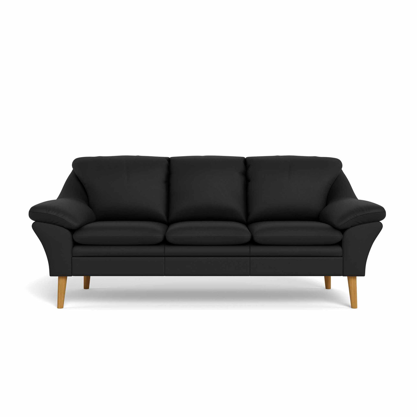 Fly 3-personers sofa fra BD monteret med sort 6000 okselæder. Ben i naturolieret eg.