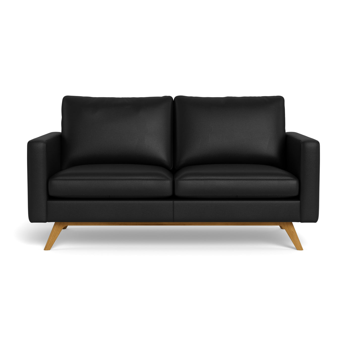 Clint 2-personers sofa fra BD monteret med sort 8000 semianilin læder og stel i naturolieret eg.