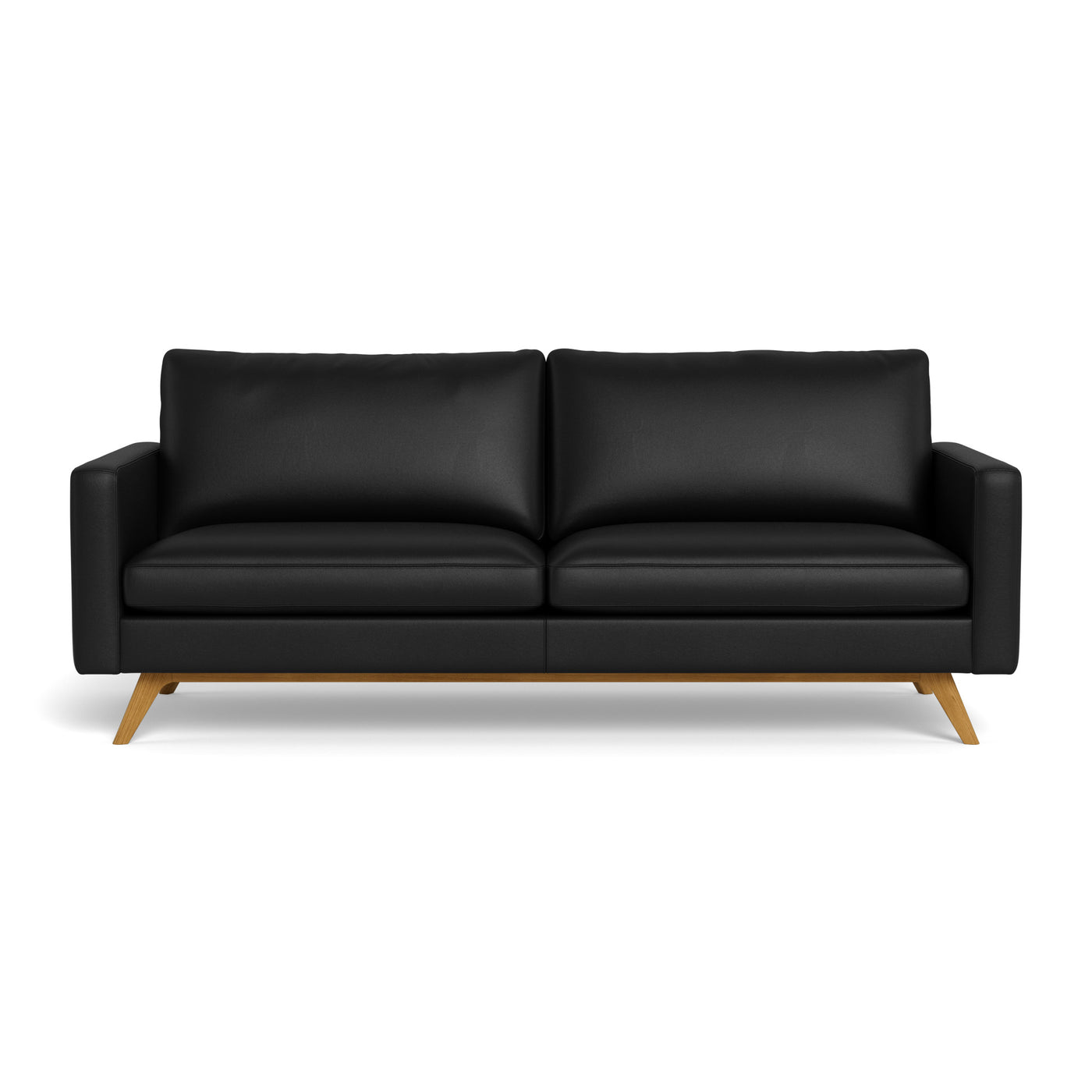 Clint 3-personers sofa fra BD monteret med sort 8000 semianilin læder og stel i naturolieret eg.