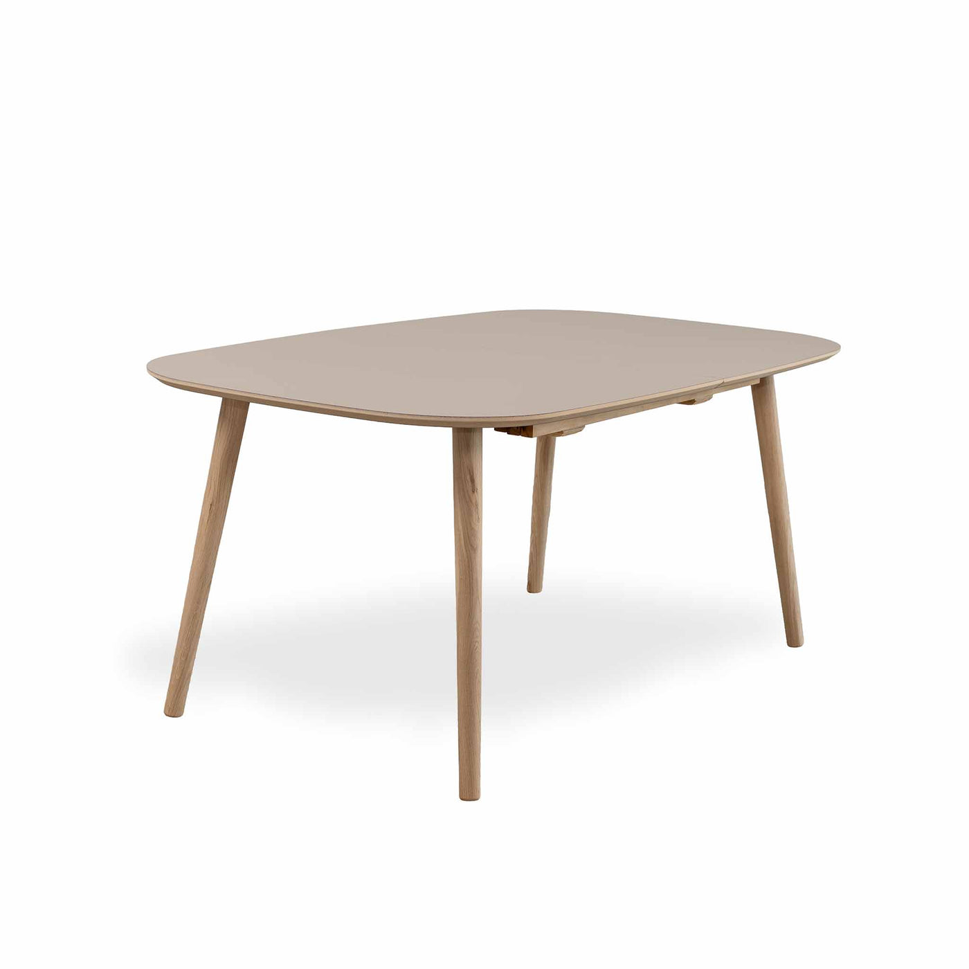 Dit Design spisebord med brun nanolaminat overflade og ben i naturolieret eg. Mål: 100x160 cm. Med udtræk.