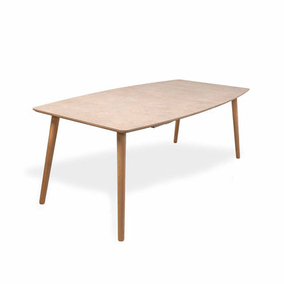 Dit Design spisebord med brun stenlaminat overflade og ben i naturolieret eg. Mål: 100x200 cm. Med udtræk.