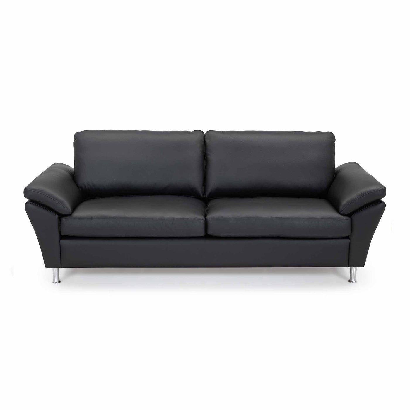 Skyline 3-personers sofa fra Hjort Knudsen monteret med sort soleda læder og runde stålben