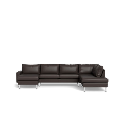 London u-sofa fra Top-Line i mørkebrun sevilla semianilin læder og runde stålben