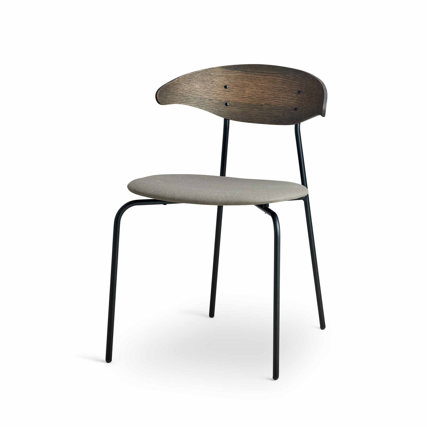 Arki Ram Steel spisebordsstol fra Kristensen & Kristensen i mørk olieret egetræ med et sæde monteret i slidstærkt møbelstof