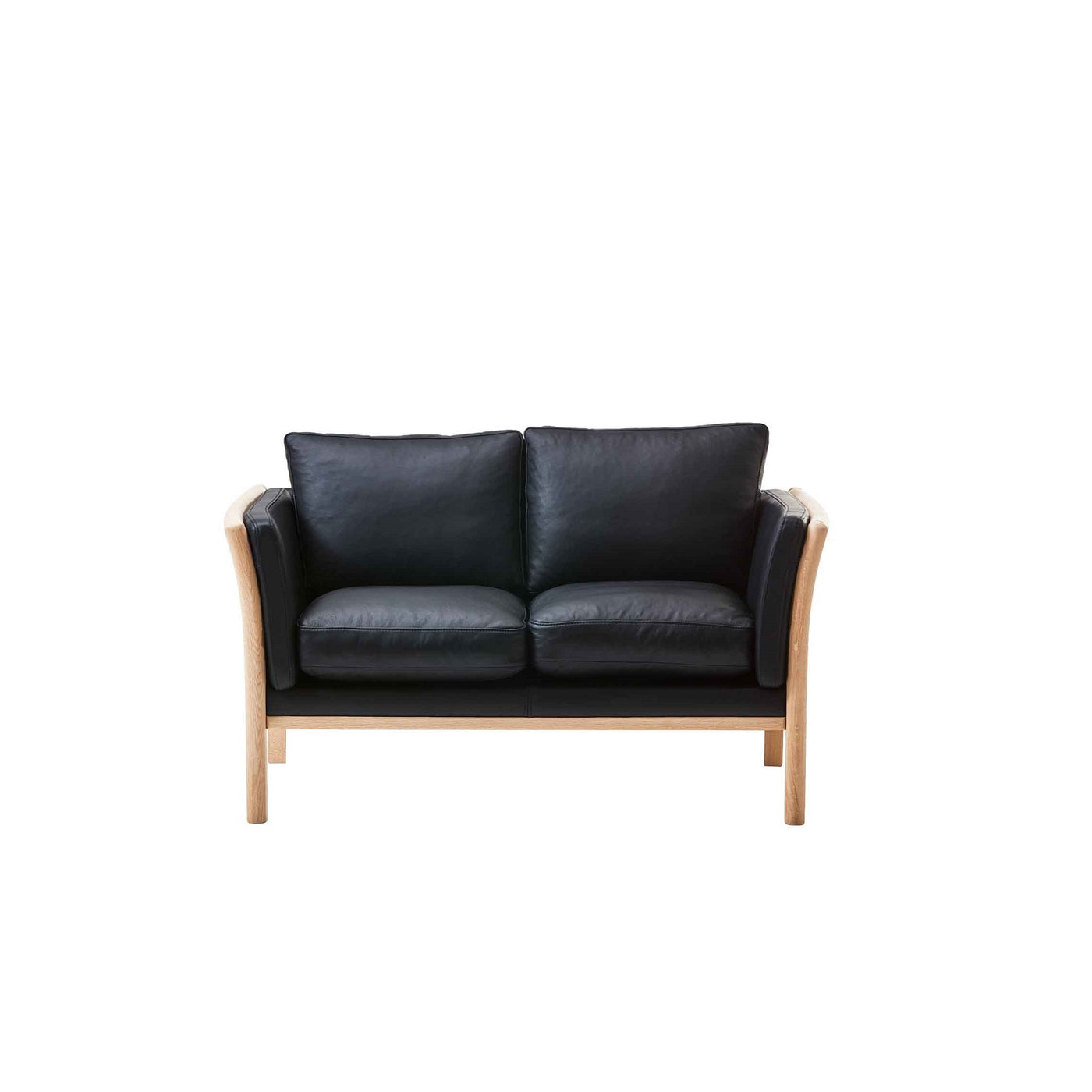 Rosenholm 2-pers sofa fra Top-Line monteret med sort Sevilla læder og gavle i eg eller bøg