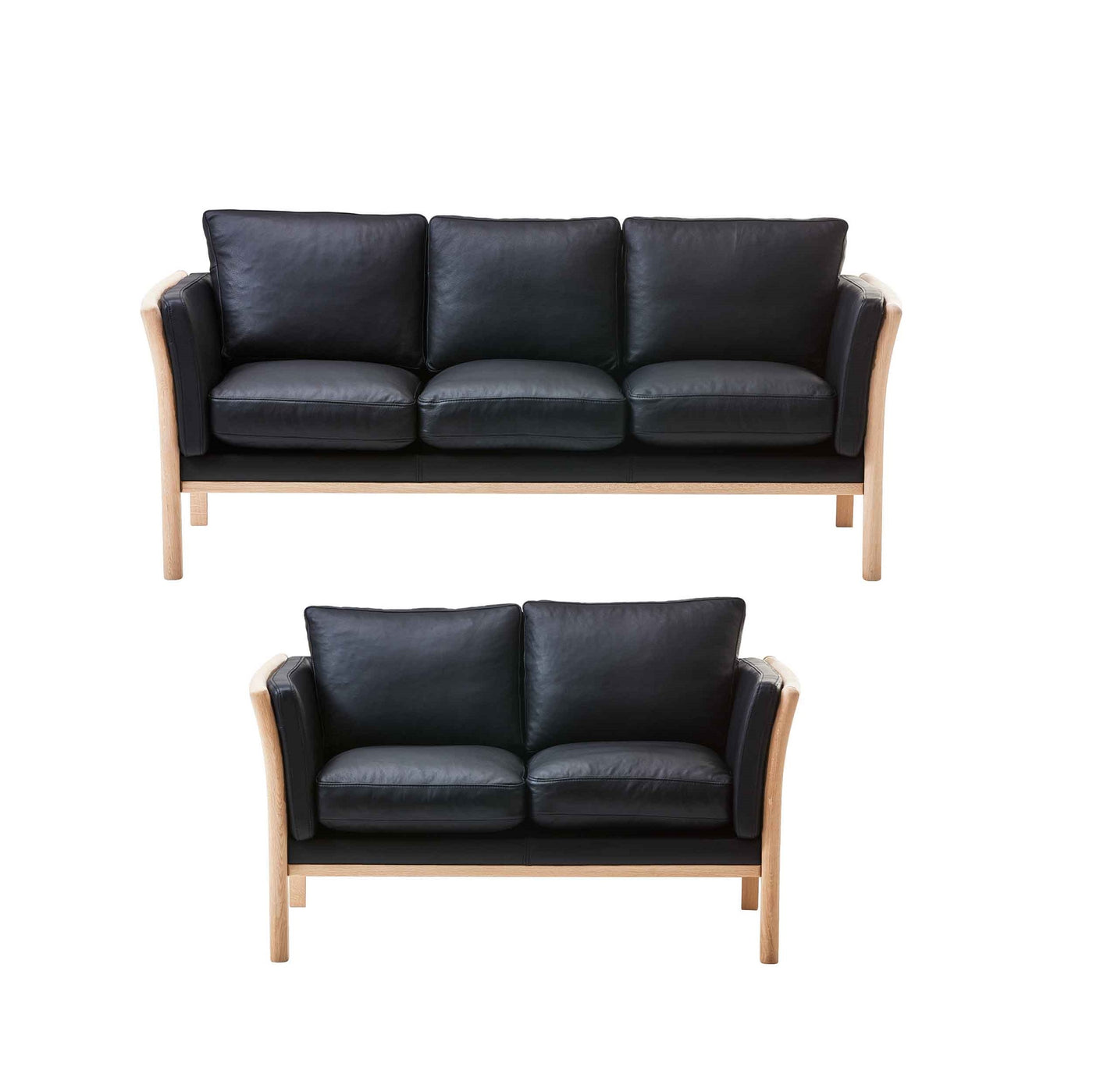 Rosenholm sofasæt fra Top-Line monteret med sort Sevilla læder og gavle i eg eller bøgetræ