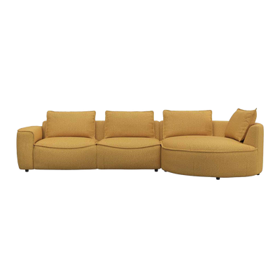 Samone chaiselong sofa fra Flexlux monteret med Roma Mustard møbelstof