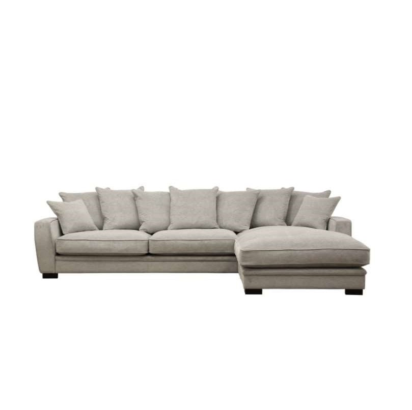 Lexuz chaiselong sofa fra Burhens monteret med slidstærkt beige møbelstof og sorte ben